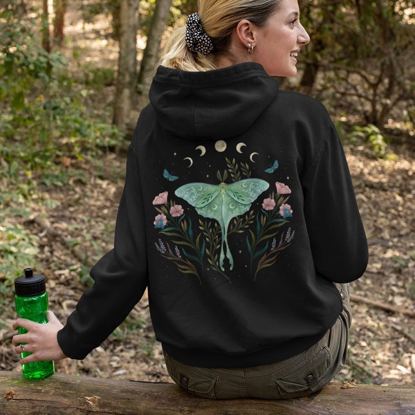 LUNA MOTH DANCE Full Zip Hoodie with Moon Phases and Flowers, Floral Butterfly Hooded Sweatshirt, Green Moth Hoodie, Mystical Zip Up Hoodie