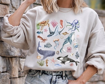 OCEAN ANIMALs UNDERWATER Life Marine Sweatshirt, Whale Stingray Sea Turtle Seahorse Jellyfish Octopus Crab Shell Corals Fishes Sweater