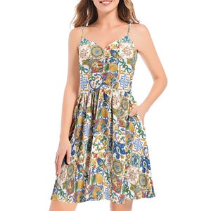 SICILY Slip Dress, Colorful Italian mosaic Midi Length Sundress, Mediterranean Cami Dress, Majolica Sleeveless Flared Dress Amalfi Sun Dress