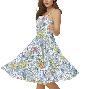 La DOLCE VITA Sleeveless Square Neck Flared Hem Midi Dress, Mediterranean Tiles Citrus & Flowers Cami Dress Italian Blue Mosaic Summer dress