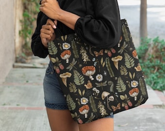 WOODLAND TREASURES Tote Bag with Mushrooms Snail Moth Daisies Fern Raspberries & Wildflowers Print, Cottagecore Botanical Shopping Bag