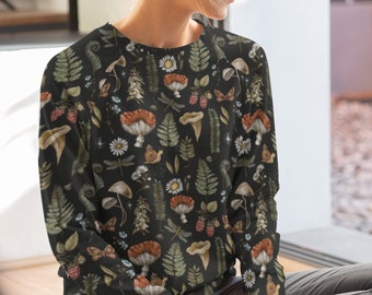 MUSHROOMs and FERN Dark FOREST Fairy Grunge Sweatshirt for Witchy Woman, Witchy Herbs and Plants Woodland Pullover, Botanical Sweatshirts