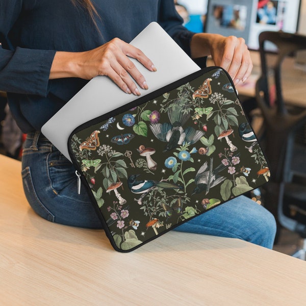MYSTICAL NATURECORE Laptop Sleeve with Magpies Butterflies Moth Mushrooms & Wildflowers, Witchy Woodland Laptop Bag, iPad Tablet Cover