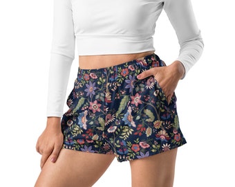 FLORAL DREAMS Women’s Recycled Athletic Shorts for Yoga Pilates Workout Running Gym and Athleisure, Whimsical Floral Athletic Shorts