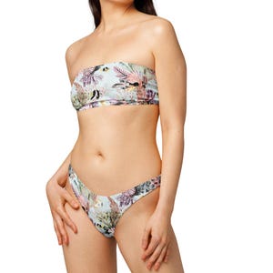 AQUATIC REALM Recycled bandeau bikini Set, Tropical Coral Reef Swimsuit with Fish Shells & Seaweeds print, Sealife Bathing Suit