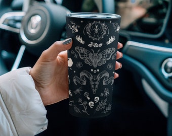 MYSTICAL CREATURES WHIMSIGOTH 20 oz Tumbler, Witchy Insulated Travel Mug, Gothic Floral Skeletons Large Coffee Mug with lid, Iced Tea Cup