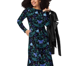 Vestido midi con dibujo episódico de polilla y cardo azul mágico, vestido bohemio con mariposas y flores místicas, vestido con estética botánica estilo cottagecore