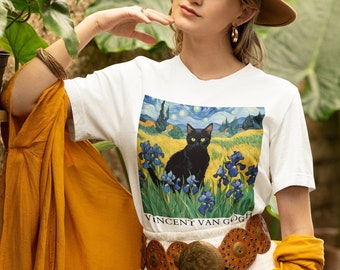 Van Gogh Irises Cat Shirt, Cute Black Cat T-shirt, Vincent Van Gogh inspired T-shirt, Starry Night Cat Shirt, Art Lover Gift, Cat Mama Gift