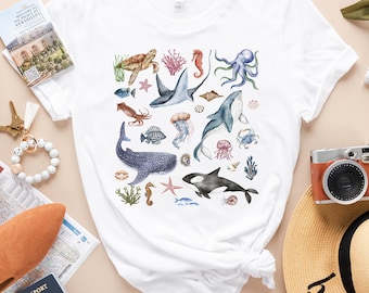 OCEAN ANIMALs Unisex T-shirt, UNDERWATER Creatures Shirt, Whale T-shirt, Sea Turtle Tee, Sea life Tee, Vacation Shirt for Ocean Lover Gift