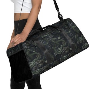 MYSTICAL DRAGON Large Duffle Bag, Whimsigoth Travel Duffle Bag, Floral Dragon Weekender Bag, Gothic Overnight Bag, Dark Gym Fitness Bag