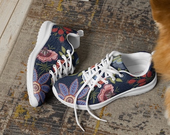 FLORAL DREAMS Women’s Athletic Shoes, Midnight Blue Sneakers with Boho Flowers Print, Workout Shoes, Floral Sneakers, Activewear Shoes