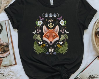 FLORAL FOX T-shirt, Mystical Forest Shirt, Dark Cottagecore Shirt, Woodland Animal Tee, Witchy Shirt, Fairycore Clothing, Nature Shirt