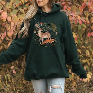 FORESTCORE Hoodie with Deer Fox & Mushrooms, Woodland Animals Hooded Sweatshirt, Nature Lovers Gift, Cottagecore Sweater, Wildlife Shirt