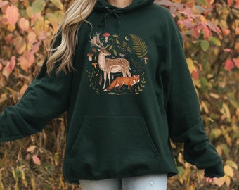 FORESTCORE Hoodie with Deer Fox & Mushrooms, Woodland Animals Hooded Sweatshirt, Nature Lovers Gift, Cottagecore Sweater, Wildlife Shirt