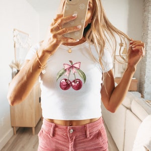COQUETTE CHERRY Women’s Crop Tee, Cherry with Bow Crop Top, Perfect Gift for Best Friend, Cute Summer Top, Foodie Shirt, Cherry Baby Tee