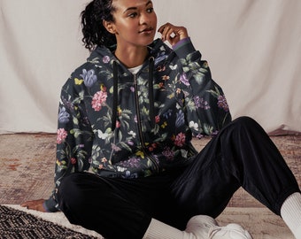 Sudadera con capucha con cremallera reciclada JARDIN, chaqueta con cremallera Cottagecore, sudadera con capucha con flores y mariposas florales, sudadera con capucha con flores boho, chaqueta floral boho