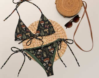 WOODLAND TREASURES Recycled string bikini with Mushrooms Snail Moth Daisies & Fern, Cottagecore Botanical Swimming Suit, Witchy Bathing Suit
