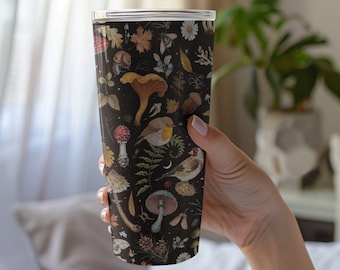 ENCHANTED FOREST 20 oz Tumbler with Birds Butterflies Mushrooms & Fern, Mystical Woodland Insulated Travel Mug, Dark Cottagecore Coffee Mug