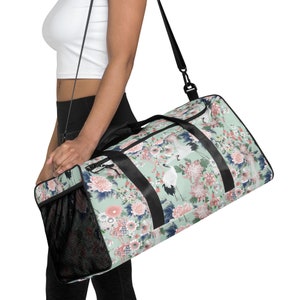Bolsa duffle grande para jardim Boho, bolsa chinoiserie floral guindaste pássaro, bolsa tropical durante a noite, bolsa floral para ioga, bolsa botânica