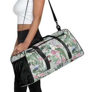 PEACOCK Large Duffle Bag, Floral Workout Bag, Boho Flowers Waterproof Gym Bag with Flowers Peacock Crane & Butterfly, Tropical Weekender Bag