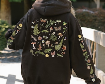 Sudadera con capucha COTTAGECORE BOTANICAL con estampado de helechos, hongos, mariposas, mantis religiosa, insectos, ranas y flores. Sudadera con capucha Forestcore.