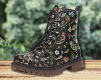 BIRD SONG Leather Combat Boots, Woodland Nature Vegan Leather Boots, Vintage Mushrooms Boots