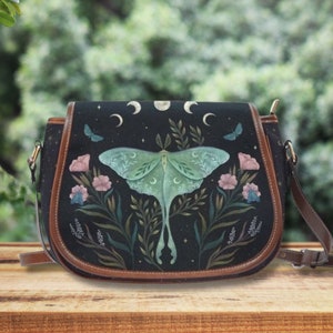 GREEN LUNA MOTH by Episodic Drawing Mystical Night Small Crossbody Bag for Nature Lover Gift, Floral Butterfly Bohemian Cottagecore Purse