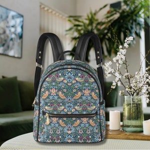 STRAWBERRY THIEF by William MORRIS petit sac à dos, sac à main esthétique cottagecore, sac à dos bohème, sac en cuir végétalien fleurs oiseaux