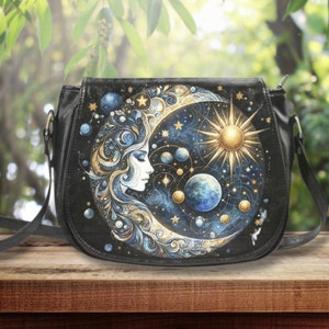 Mystical Moon Crossbody Saddle Bag, Cosmic Energy Shoulder Bag, Celestial Vegan Leather Bag, Witchy Crossbody Purse, Vintage styled Bag