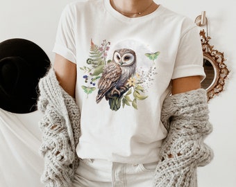 MYSTICAL OWL and Luna Moth T-shirt, Forest Bird Shirt, Bird Watchers Gift, Nature Shirt, Wildlife shirt, Cottagecore shirt, Woodland t-shirt