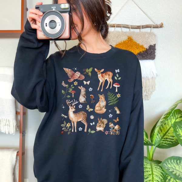 WOODLAND ANIMALS COTTAGECORE Aesthetic Sweater for Nature Lover Gift, Forest Wildlife Camping Pullover, Deer Fox Rabbit Owl Squirrel Shirt