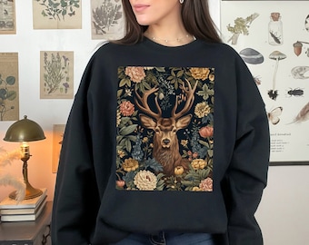 Sweat à Capuche Dessin Cerf Fleurs Animal De La Foret Art Nature Blanc - Prêt-à-Porter