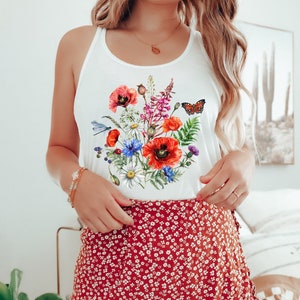 POPPIES BOUQUET Racerback Tank Top, WILDFLOWERS Tee, Cottagecore Shirt, Nature Inspired Floral Tee, Botanical Summer Tank top, Gardening Tee