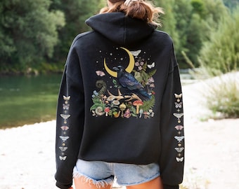 RAVEN Zip Up Hoodie with Back Sleeves print, Black Crow Sweatshirt,  Mystical Hoodie with moon raven moth and mushrooms, Witchy Jacket