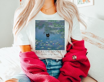 WATER LILY POND Comfort Colors® Tee T-shirt, Swimming Black Cat Shirt, Monet inspired Shirt, Waterlily Shirt, Cat Mama Gift, Funny Cat Shirt