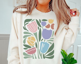 DANISH WAVY FLOWERS Lightweight Crewneck Sweatshirt, Comfort Colors® 1466 Sweatshirt, Retro Groovy Floral Shirt, Wavy Tulips Pullover