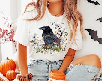 RAVEN T-shirt, Black Crow Shirt, Dark Cottagecore Tee, Witchy Shirt, Bird watching Shirt, Mystical Clothing, Fall Forest Tee, Autumn Shirt