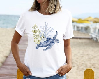 SEA TURTLE T-shirt, Indigo Sea Shirt, Underwater Nature Tee, Floral Sea Animal T-shirt, Ocean Lover Gift, Tropical Coral Reef Tee