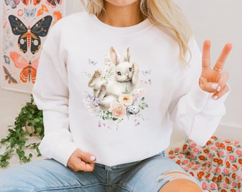 SPRING BUNNY Sweatshirt, Easter Rabbit Shirt, Cute Floral Bunny Pullover, Cottagecore Sweater, Spring Sweatshirt, Animal Lover Gift