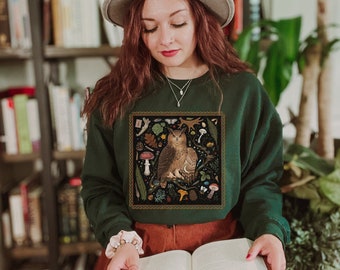 MYSTICAL OWL Sweatshirt, Forestcore Shirt with Owl Mushrooms Fern & Moth design, Woodland Sweatshirt, Witchy Shirt, Dark Cottagecore Sweater