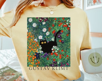 COTTAGE GARDEN CAT Comfort Colors® Tee T-shirt, Gustav Klimt inspired Shirt, Klimt Garden Black Kitten shirt, Art Lover Gift, Cat Mama Gift