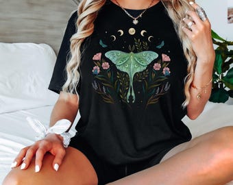LUNA MOTH DANCE T-shirt with Moon Phases & Flowers, Mystical Clothing, Witchy eclectic, Fairycore Shirt, Nature Lover Gift, Garden Moth tee