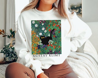 COTTAGE GARDEN CAT Comfort Colors® Sweatshirt, Gustav Klimt inspired Shirt, Klimt Garden Black Kitten Sweater, Floral Cat Crewneck Pullover