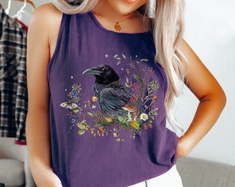 RAVEN Comfort Colors® 9360 Tank Top, Boho Witchy Garment-Dyed Tank Top, Black Crow Shirt, Forestcore Shirt, Mystical Clothing, Autumn Shirt
