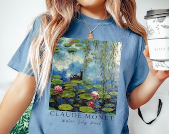 WATER LILY POND Comfort Colors® Tee T-shirt, Swimming Black Cat Shirt, Monet inspired Shirt, Waterlily Shirt, Cat Mama Gift, Funny Cat Shirt