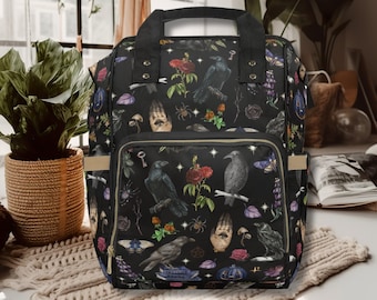 Vintage BLACK RAVEN and Crow Gothic Backpack for Witchy Mama Gift, Dead Head Moth and Raven Wiccan Backpack, Dark Academy Mystical Backpack