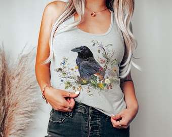 RAVEN Tank Top, Boho Witchy Racerback Tank Top, Black Crow Tank Top, Forestcore Shirt, Mystical Clothing, Magical Wicca Halloween Tank Top