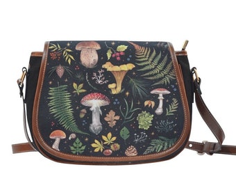 MUSHROOMS FERN & MOTH Waterproof Cottagecore Canvas Saddle Bag, Enchanted Forest Crossbody Bag, Mystical Woodland Botanical Cottagecore Bag