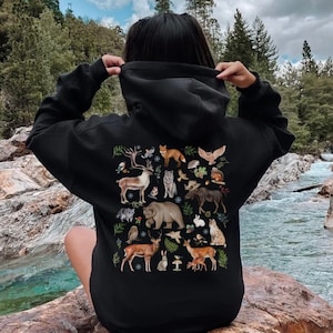 FOREST ANIMALS Zip Up Hoodie with Deer Moose Bear Fox Wolf Lynx & Owl print, Cottagecore Jacket, Woodland Wildlife Hoodie for Nature Lovers
