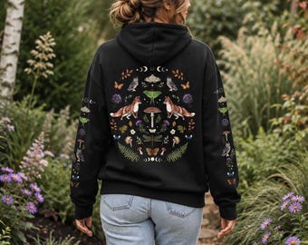 MYSTICAL WOODLAND Zip Up Hoodie with Back & Sleeves print, Forest Animals sweatshirt, Animal lover gift, Botanical Forestcore Nature Hoodie